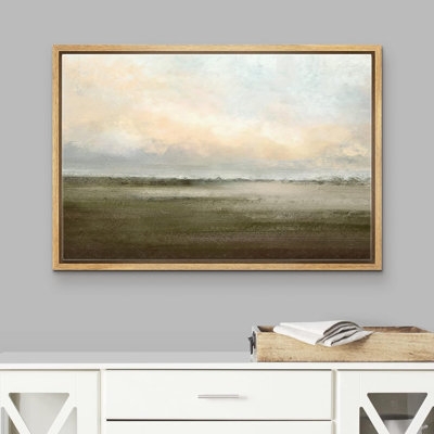 Muted Green Sunrise French Country Landscape Rustic Neutral Large Framed Canvas Print Wall Art Work - Image 1