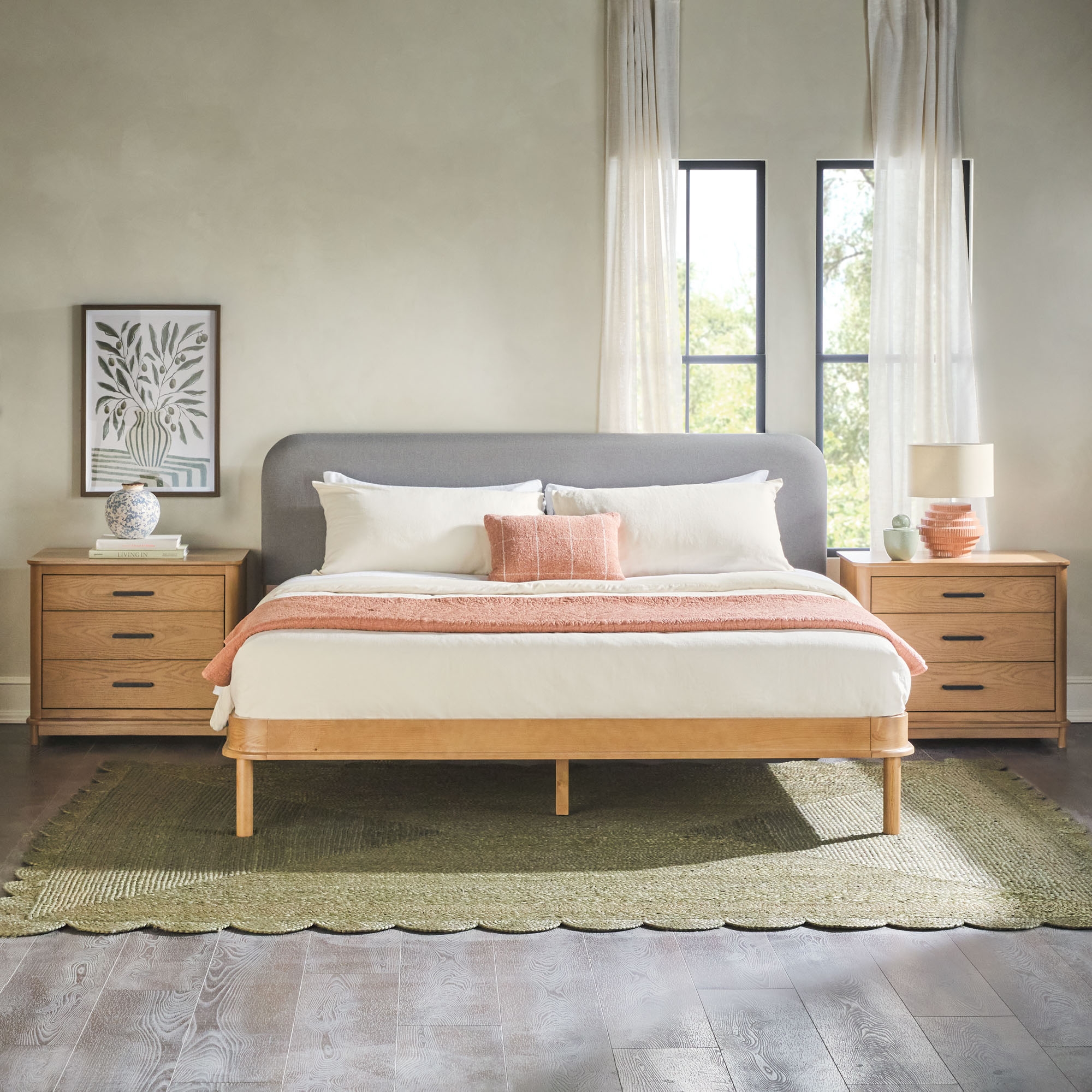 Contemporary Solid Wood King Bed with Curved Headboard - English Oak/Grey - Image 4