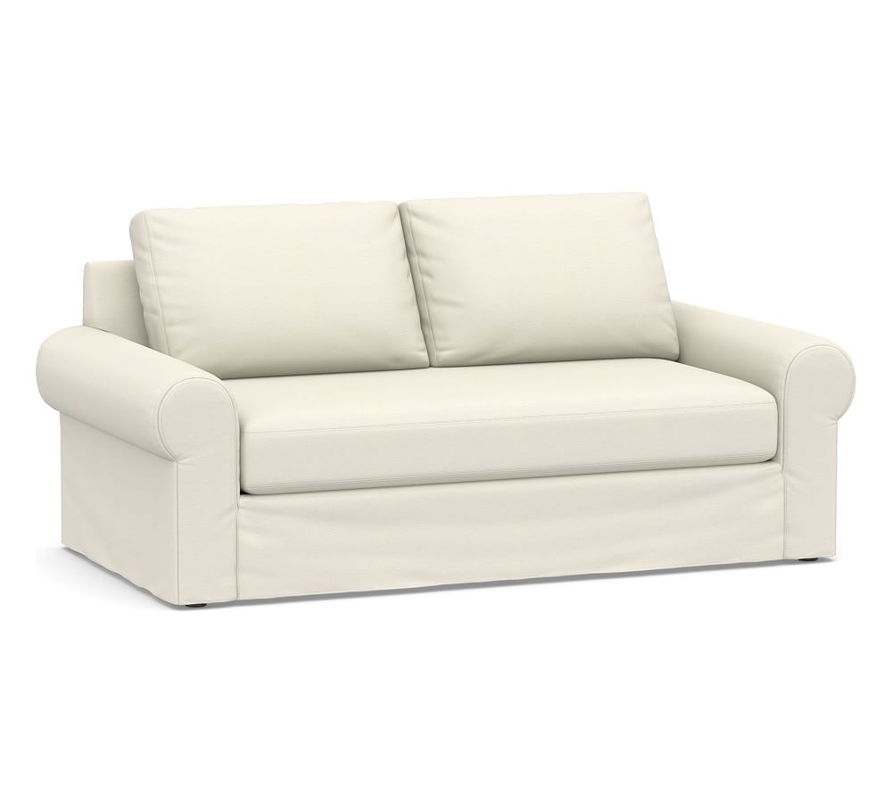 Big Sur Roll Arm Slipcovered Loveseat with Bench Cushion, Down Blend Wrapped Cushions, Textured Twill Ivory - Image 0