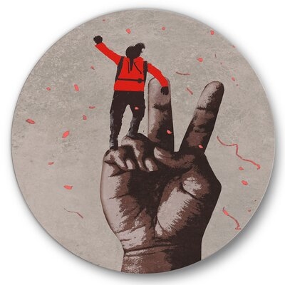Victory Sign With Man With Arm Raised - Modern Metal Circle Wall Art - Image 0