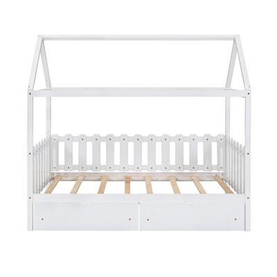 Twin Size House Bed With Drawers, Fence-Shaped Guardrail, Gray - Image 0