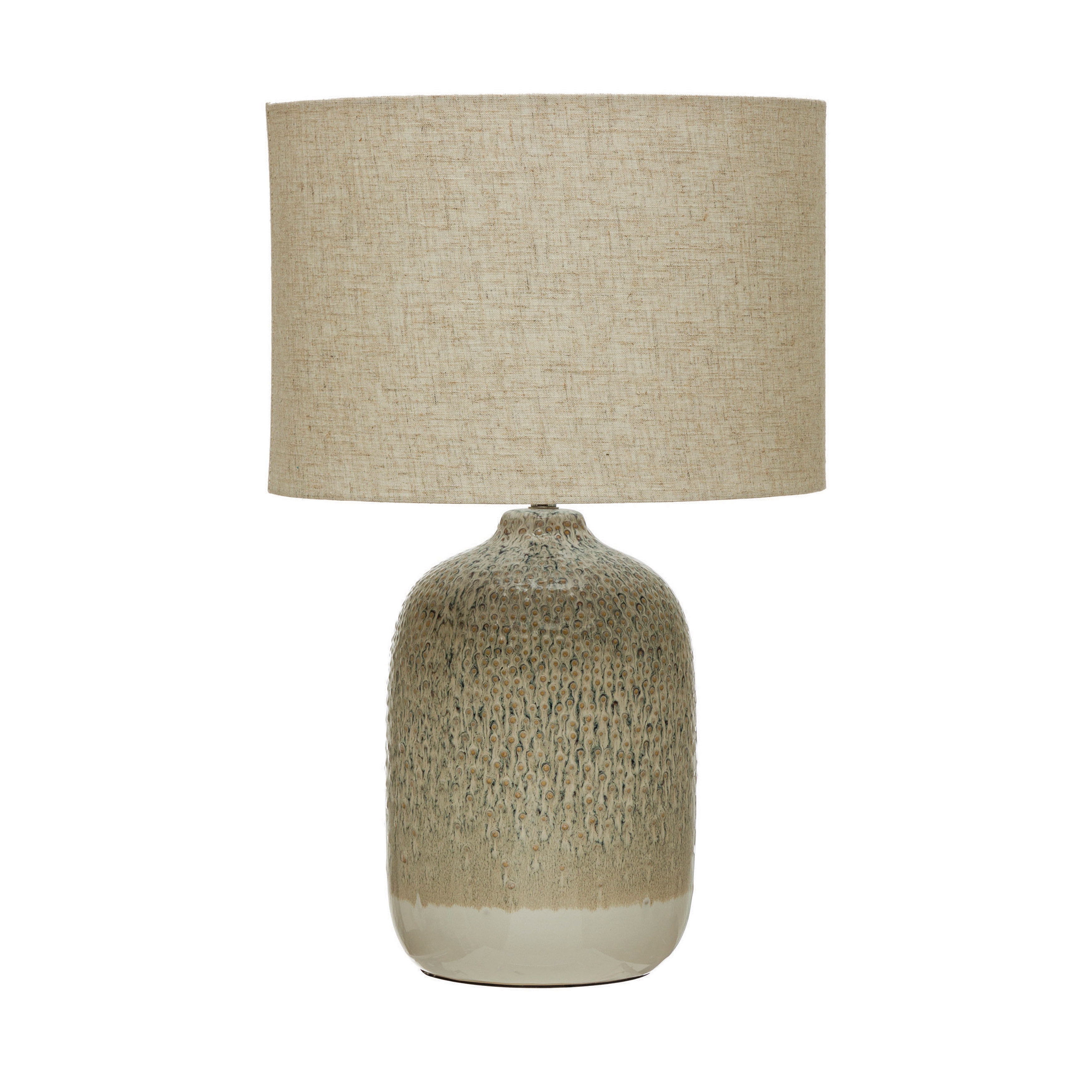  Stoneware Table Lamp with Linen Shade, Taupe Reactive Glaze - Image 0