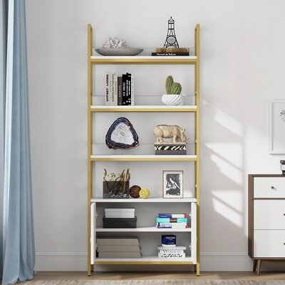 4-Tier White Etagere Standard Bookshelf With Storage Cabinet Modern Book Shelves Display Shelf - Image 0
