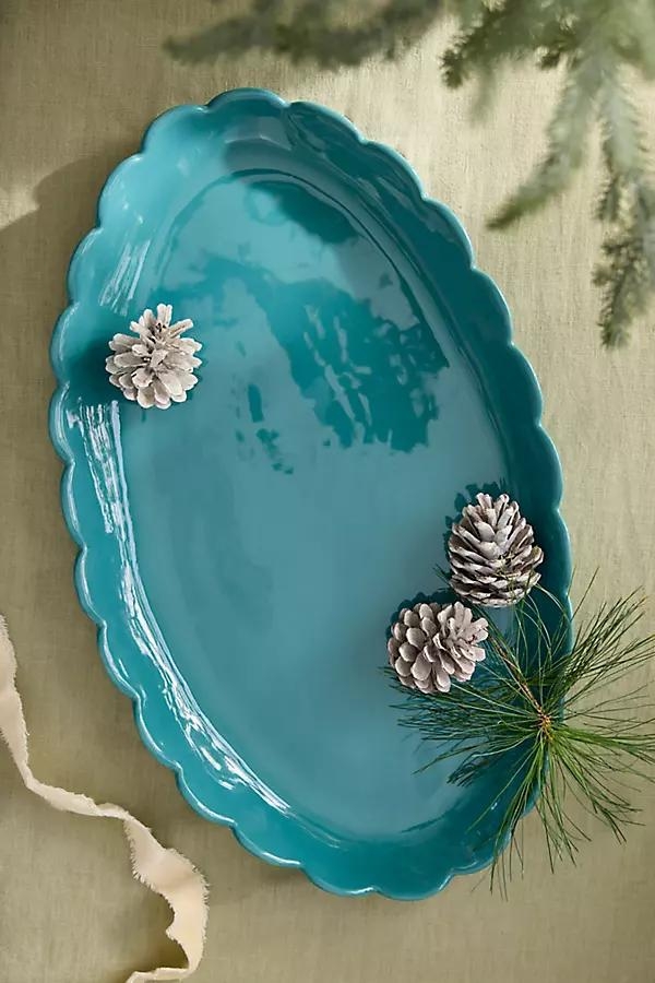 Scalloped Rim Stoneware Oval Serving Platter - Image 0