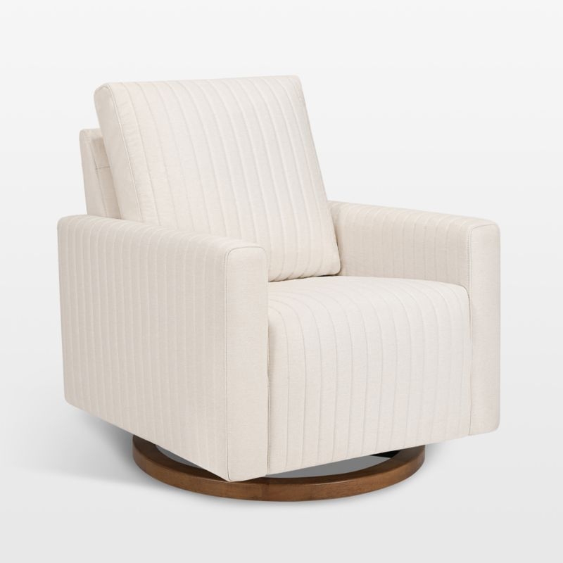Babyletto Poe Cream Chenille Nursery Swivel Glider with Dark Wood Base - Image 5