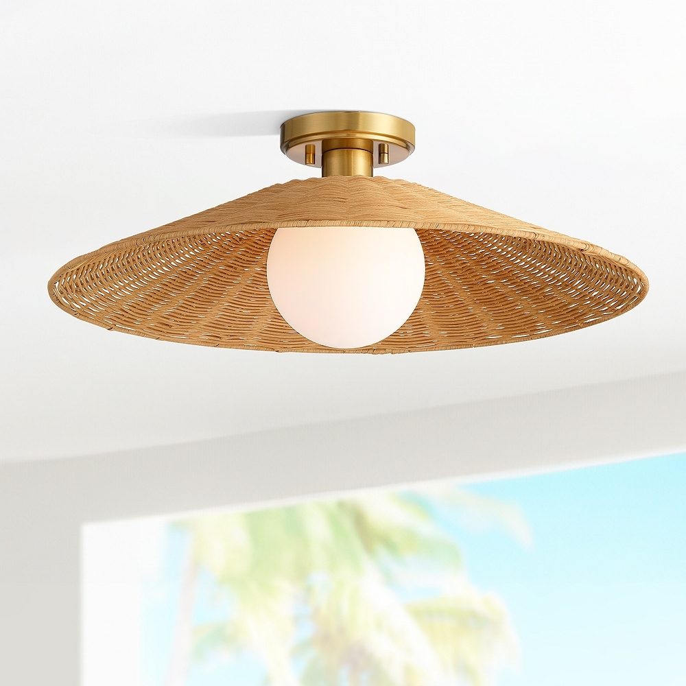 Possini Euro Gavin 22 3/4" Wide Brass and Rattan Ceiling Light - Image 0