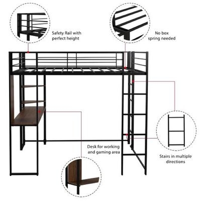 Full Size Metal Loft Bed With 2 Shelves And One Desk ,bed, Loft Bed(silver ) - Image 0