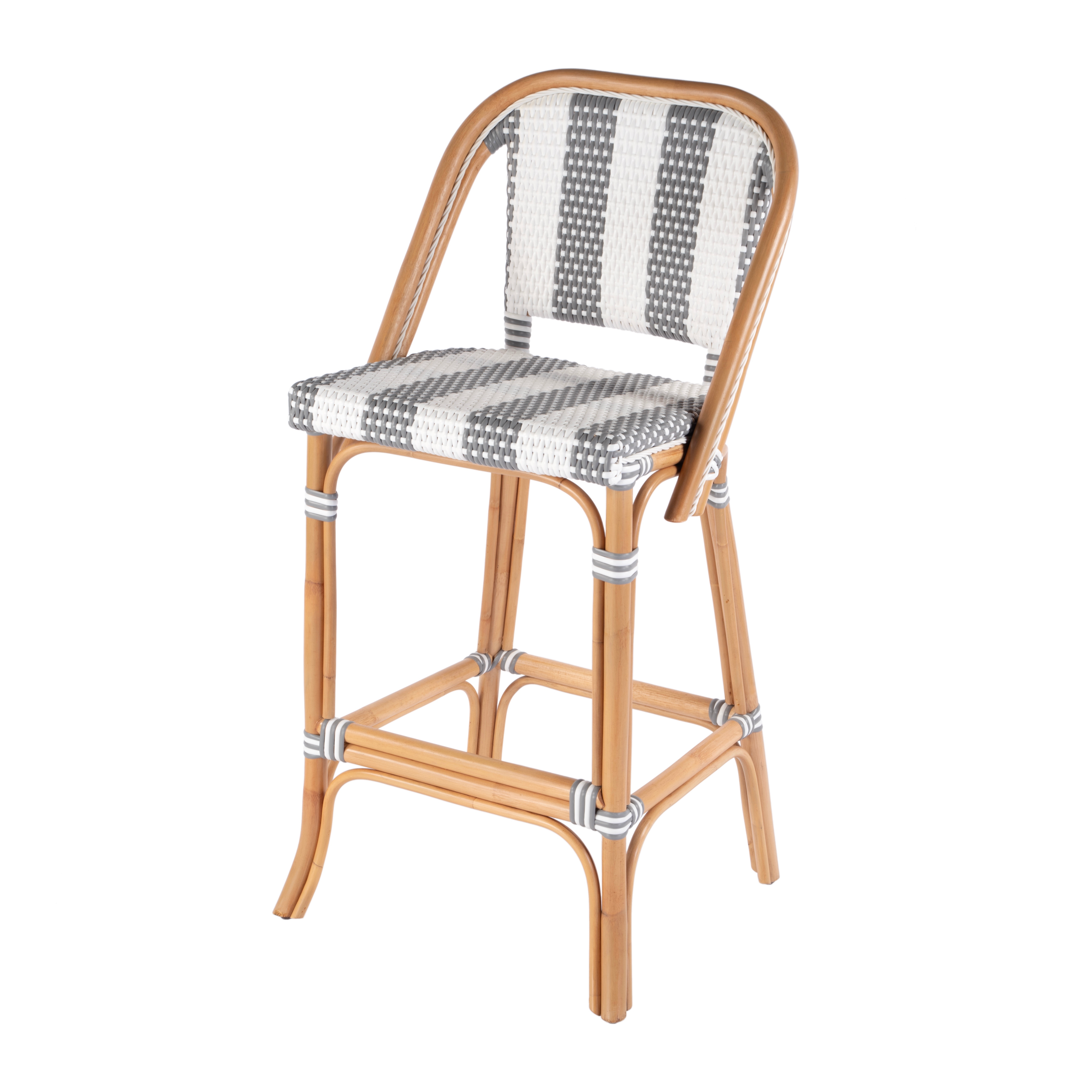 Lila Gray/White Stripe/ Natural Rattan Frame Bar Stool - Image 0