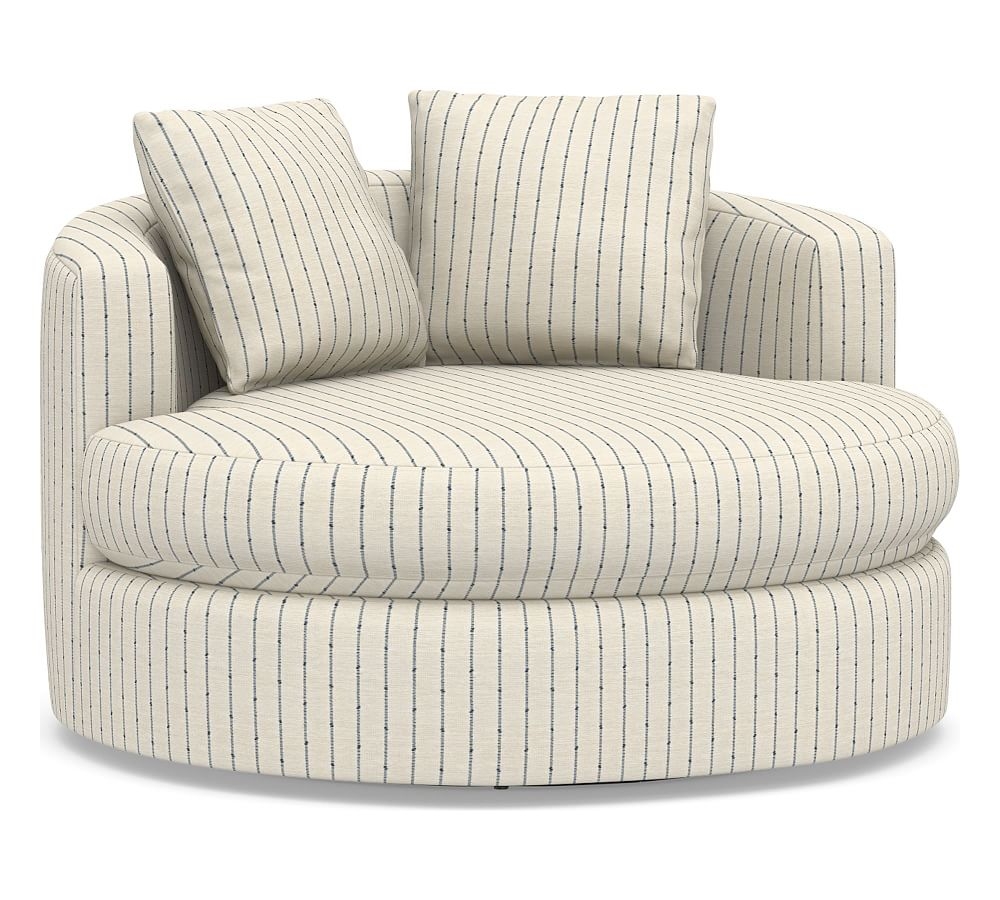 Balboa Upholstered Grand Swivel Armchair, Standard Cushions, Slubby Pinstripe Blue - Image 0
