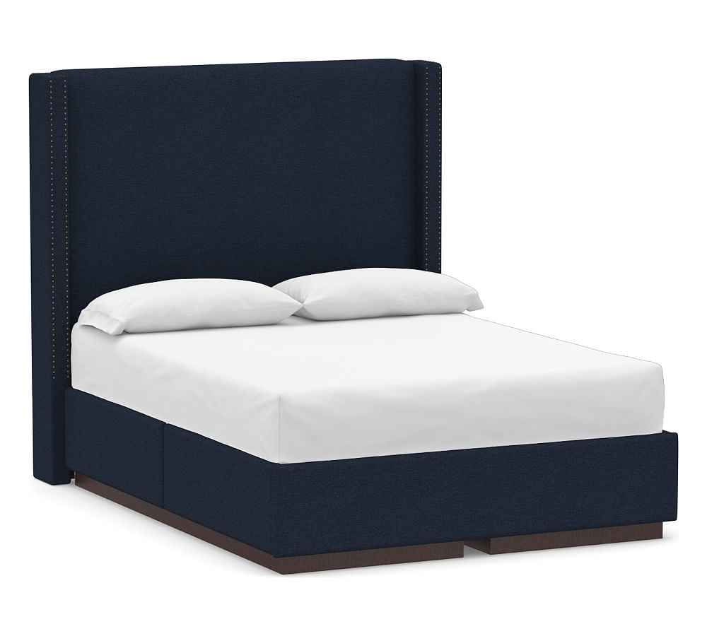 Harper Non-Tufted Upholstered Tall Headboard and Side Storage Platform Bed & Bronze Nailheads, Full, Performance Heathered Basketweave Navy - Image 0