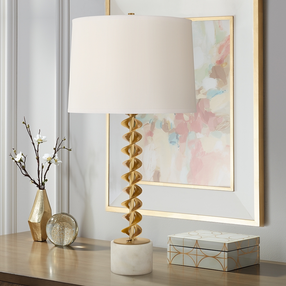 Possini Euro Corkscrew Brass and White Marble Table Lamp with Dimmer - Style # 212D0 - Image 0