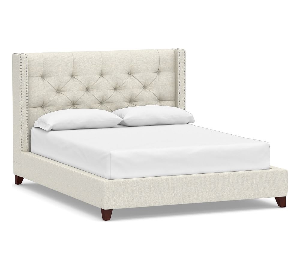 Harper Tufted Upholstered Low Bed with Pewter Nailheads, California King, Performance Boucle Oatmeal - Image 0