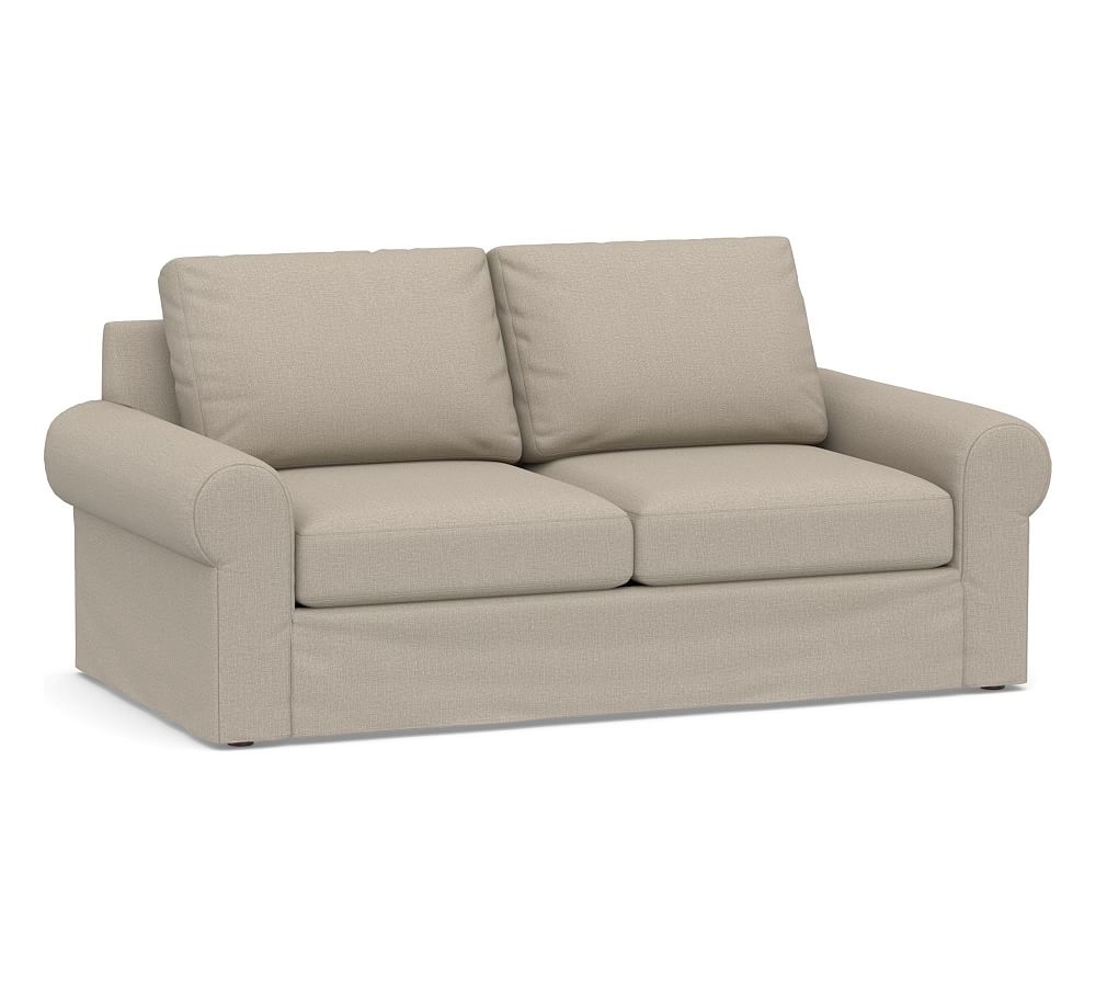 Big Sur Roll Arm Slipcovered Loveseat 77", Down Blend Wrapped Cushions, Performance Brushed Basketweave Sand - Image 0