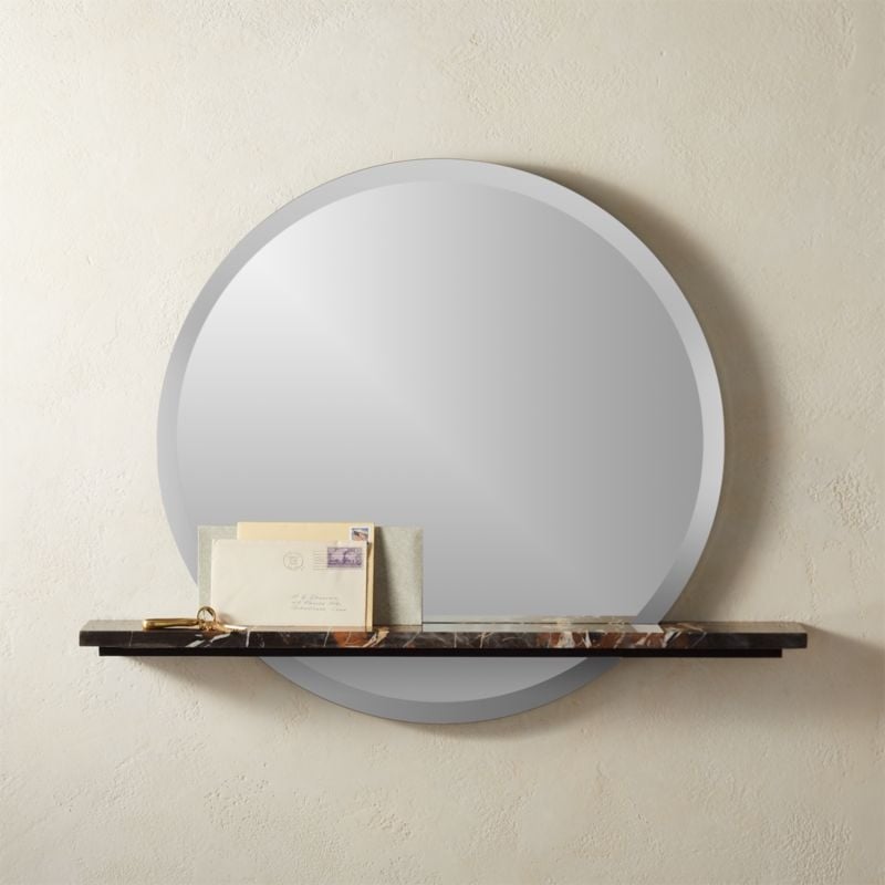 Emery Round Mirror with Marble Shelf - Image 1