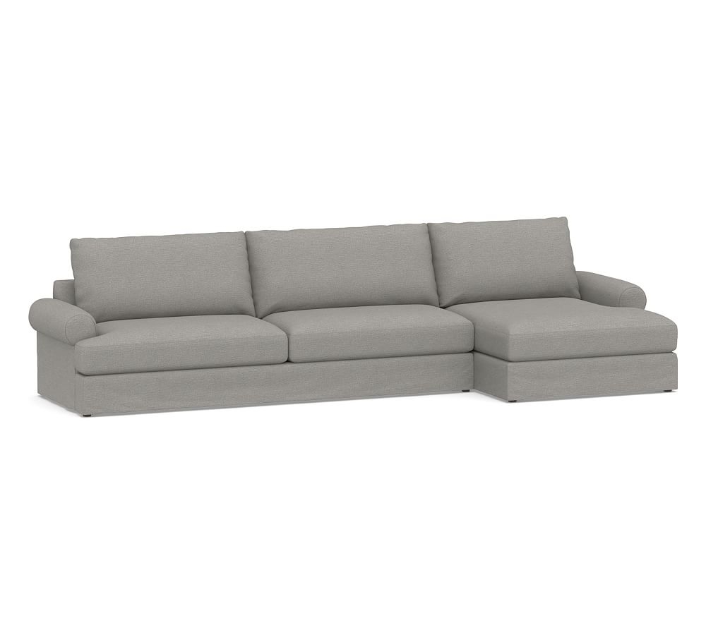Canyon Roll Arm Slipcovered Left Arm Sofa with Double Chaise Sectional, Down Blend Wrapped Cushions, Performance Heathered Basketweave Platinum - Image 0