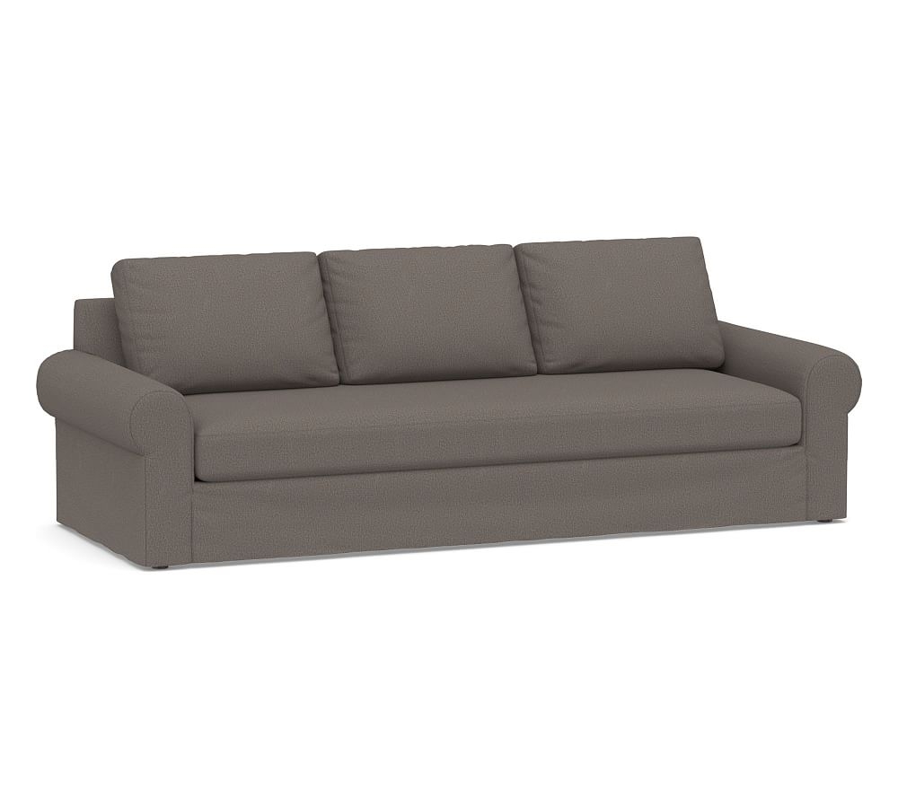 Big Sur Roll Arm Slipcovered Grand Sofa 106" with Bench Cushion, Down Blend Wrapped Cushions, Performance Heathered Tweed Graphite - Image 0