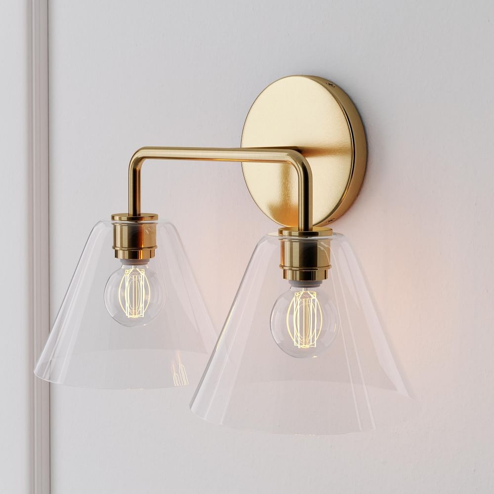 Sculptural 2-Light Sconce, Cone Mini, Clear, Antique Brass, 8" - Image 0