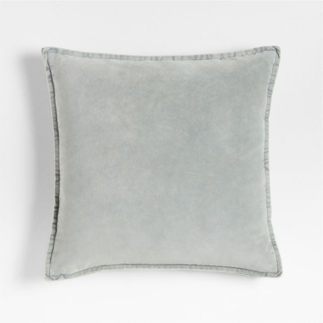 Relaxed Washed Organic Cotton Velvet 20x20 Mist Blue Throw Pillow with Down-Alternative Insert - Image 0