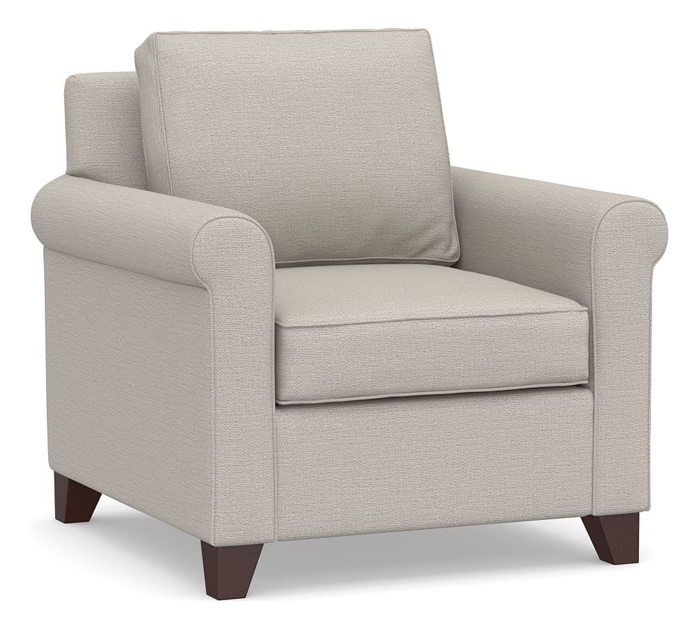 Cameron Roll Arm Upholstered Armchair, Polyester Wrapped Cushions, Chunky Basketweave Stone - Image 0