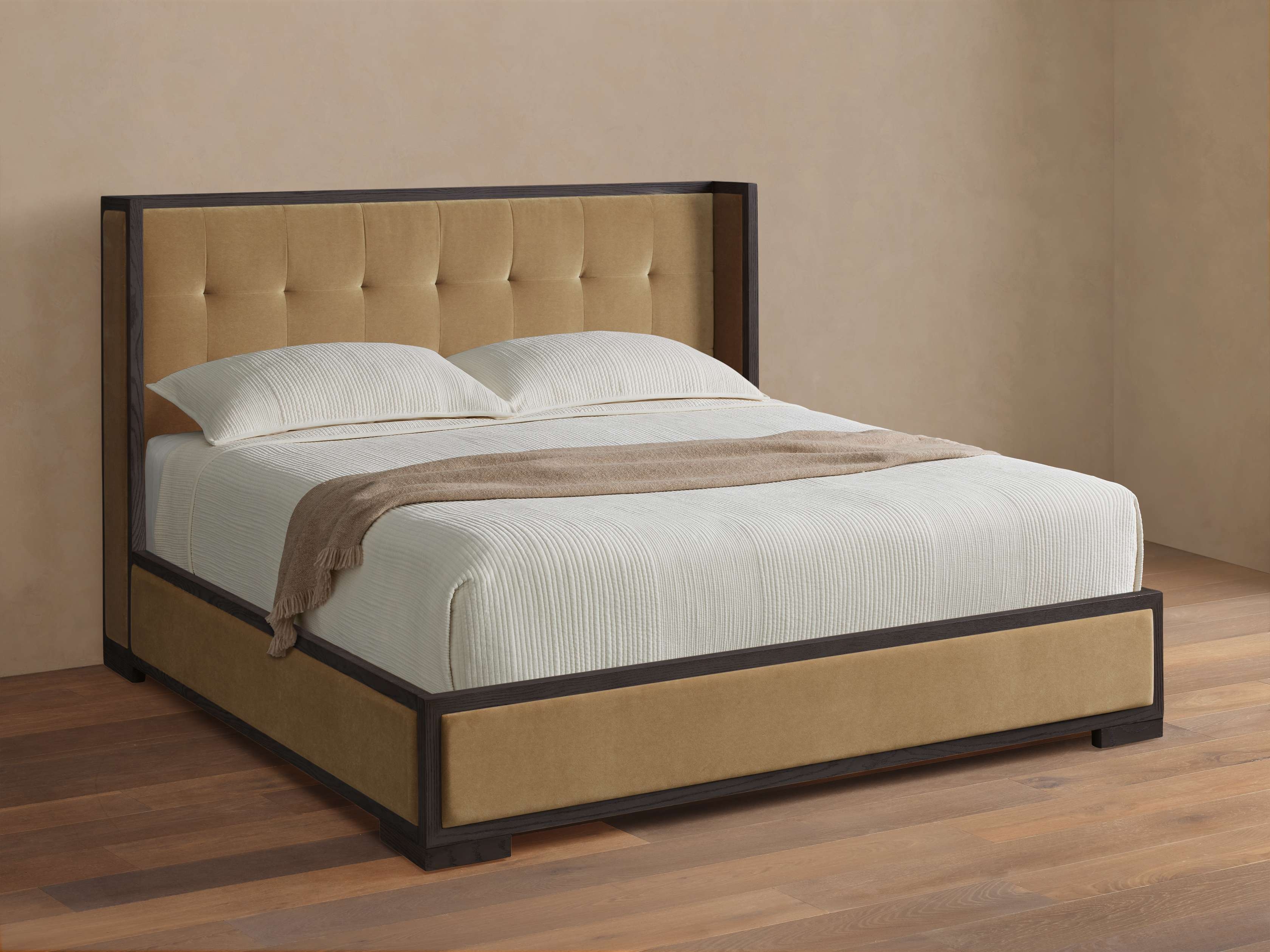 Darien Box-Tufted Shelter Bed in Upholstered 48" Cali King None  Banks Taupe/Ebony - Image 0
