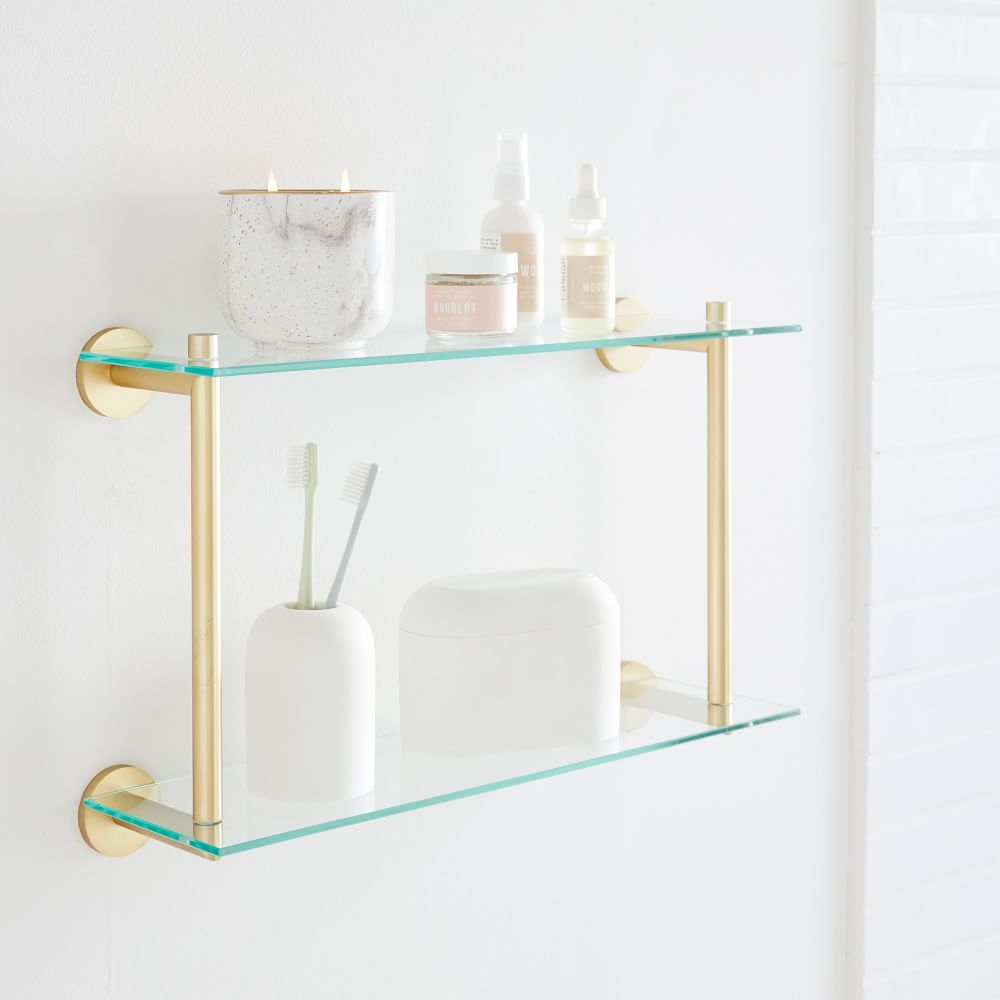 Modern Overhang Glass Bath Shelf, Double, Antique Brass, Metal, 18" Wide - Image 0