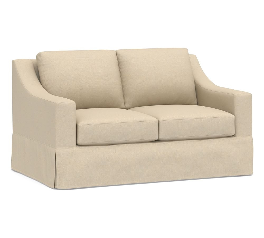 York Slope Arm Slipcovered Loveseat 60.5", Down Blend Wrapped Cushions, Park Weave Oatmeal - Image 0