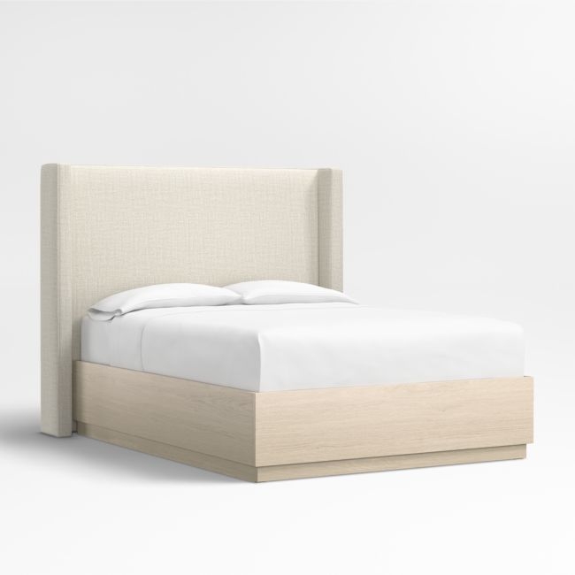 Arden 60" Natural Beige Upholstered Queen Headboard with Batten White Oak Storage Bed Base - Image 0
