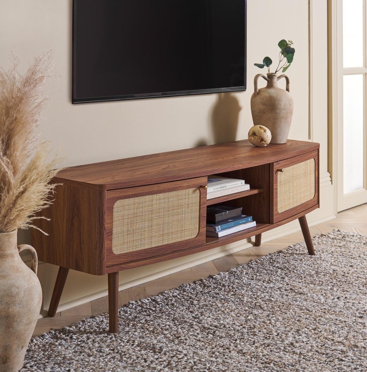 Cielle 2 Door Media Stand - Walnut / Natural - Safavieh - Image 1