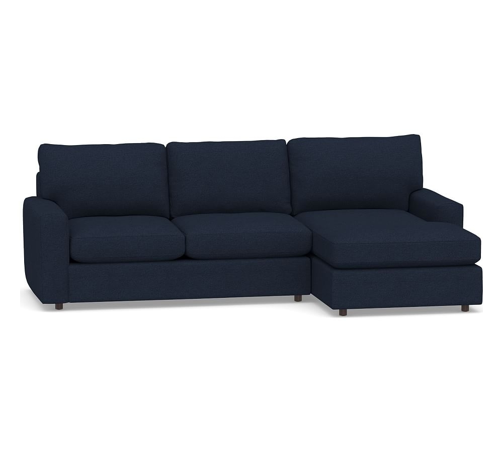 Pearce Modern Square Arm Upholstered Left Arm Loveseat with Chaise Sectional, Down Blend Wrapped Cushions, Performance Heathered Basketweave Navy - Image 0
