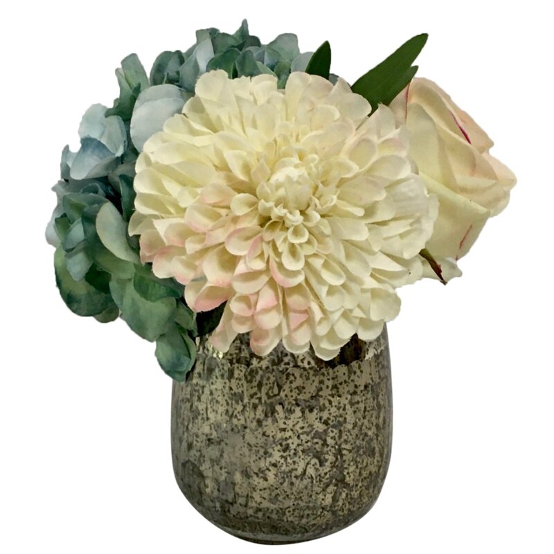 Dahlia, Rose & Hydrangea Mixed Centerpiece in Vase Flowers/Leaves Color: Blue/White - Image 0