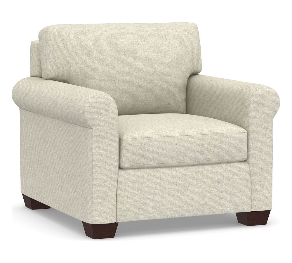 York Roll Arm Upholstered Armchair, Down Blend Wrapped Cushions, Performance Heathered Basketweave Alabaster White - Image 0