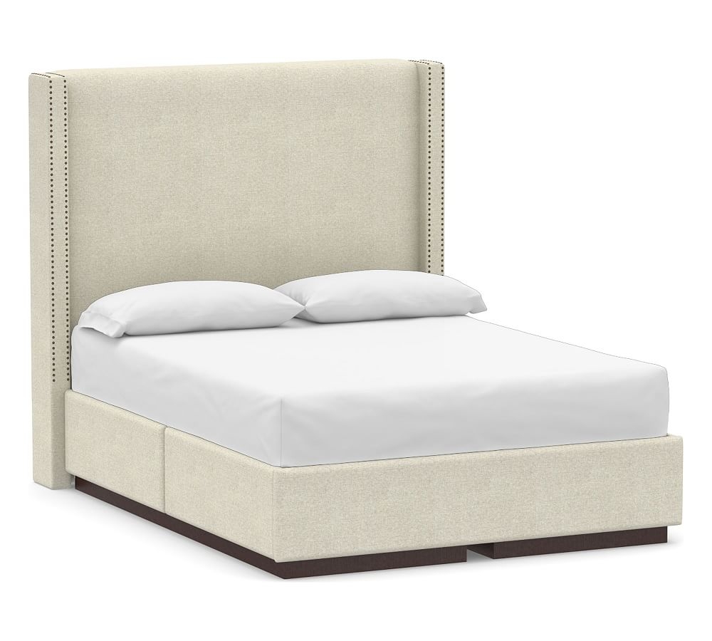 Harper Non-Tufted Upholstered Tall Headboard and Side Storage Platform Bed & Bronze Nailheads, Queen, Performance Heathered Basketweave Alabaster White - Image 0