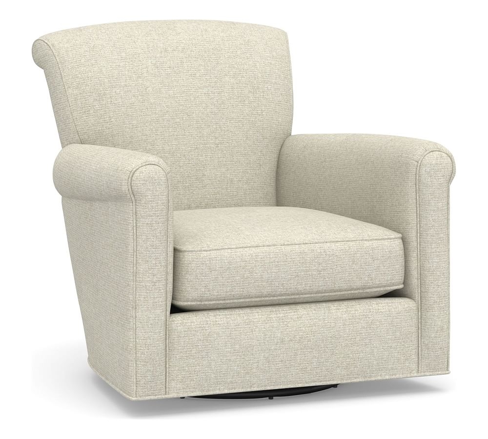 Irving Roll Arm Upholstered Swivel Armchair with Bronze Nailheads, Polyester Wrapped Cushions, Performance Heathered Basketweave Alabaster White - Image 0