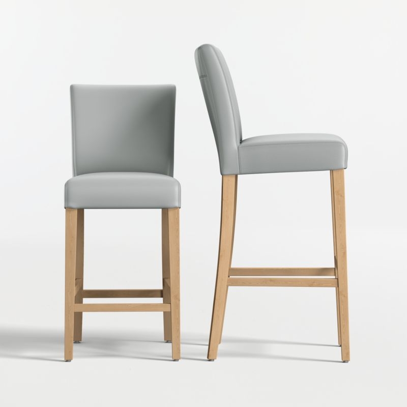 Lowe Pewter Grey Leather Bar Stool with Natural Wood Legs - Image 1