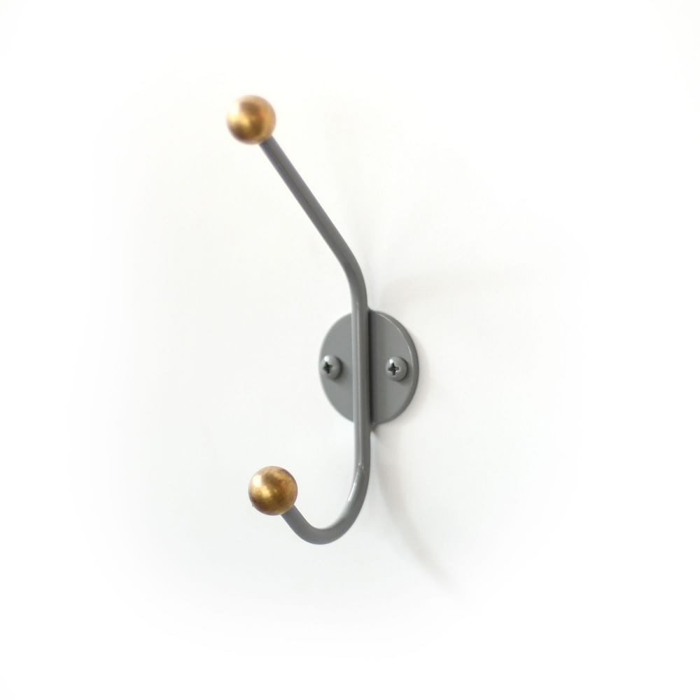 Mid Century Wall Hook, Brass Ball Ends, Gray - Image 0