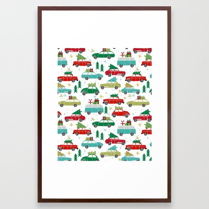 Christmas Holiday Vintage Cars Classic Festive Christmas Tree Snowflakes Winter Season Framed Art Print by Charlottewinter - Conservation Walnut - Large 24" x 36"-26x38 - Image 0