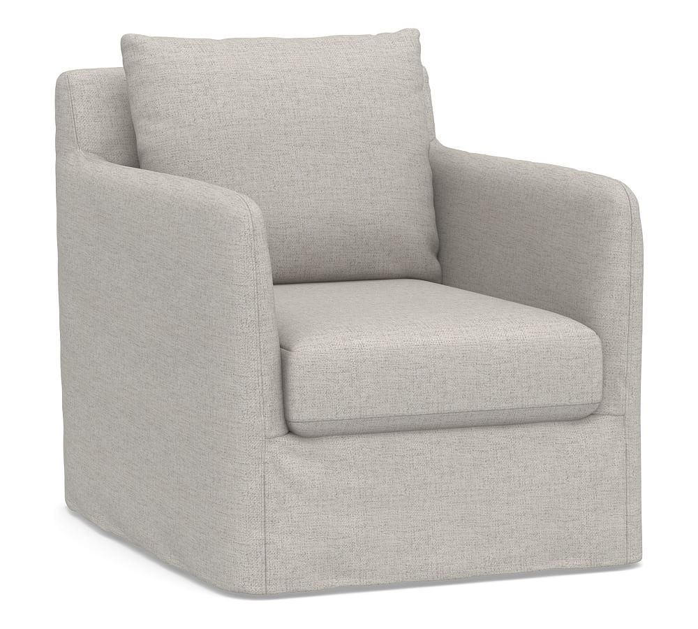 Bennett Slipcovered Swivel Armchair, Polyester Wrapped Cushions, Heathered Twill Stone - Image 0