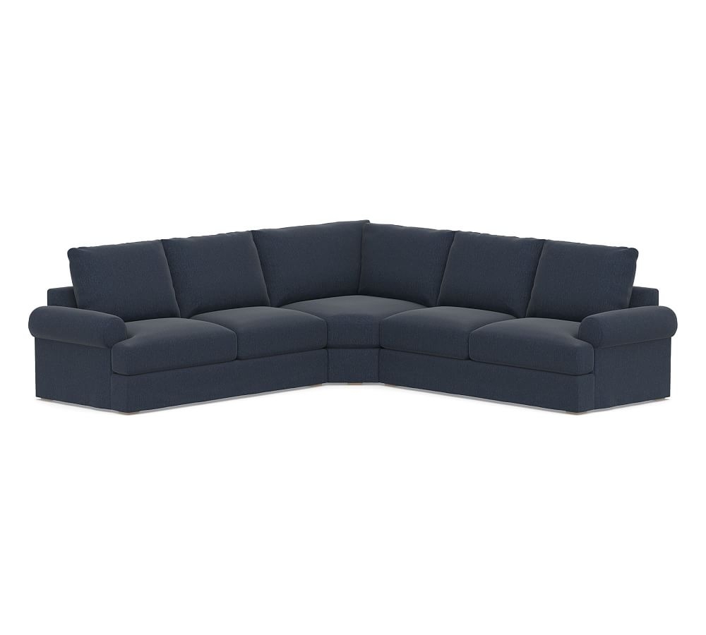 Canyon Roll Arm Slipcovered 3-Piece L-Shaped Wedge Sectional, Down Blend Wrapped Cushions, Sunbrella(R) Performance Chenille Indigo - Image 0