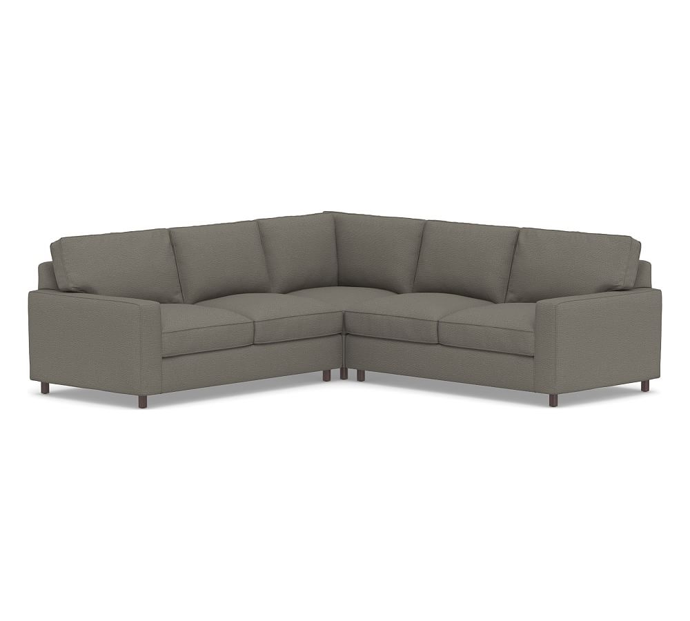 PB Comfort Square Arm Upholstered 3-Piece L-Shaped Corner Sectional, Box Edge Down Blend Wrapped Cushions, Chunky Basketweave Metal - Image 0