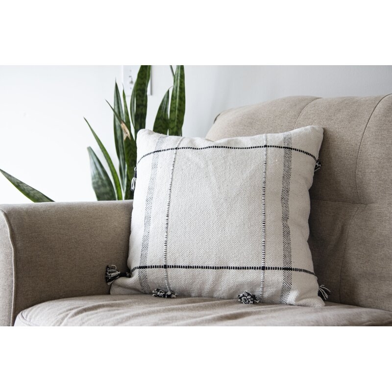 Dakota Fields White Square Pattern Cotton Decorative Throw Pillow With Hand Tied Tassels, 20" x 20" - Image 1
