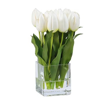Faux White Tulip Composed Arrangement, Square Glass Vase - 13" - Image 0