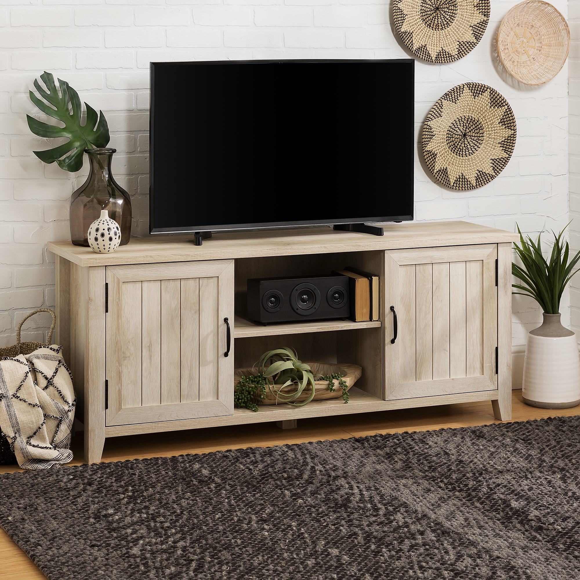 58" Modern Farmhouse Grooved 2 Door TV Stand - White Oak   - Image 5