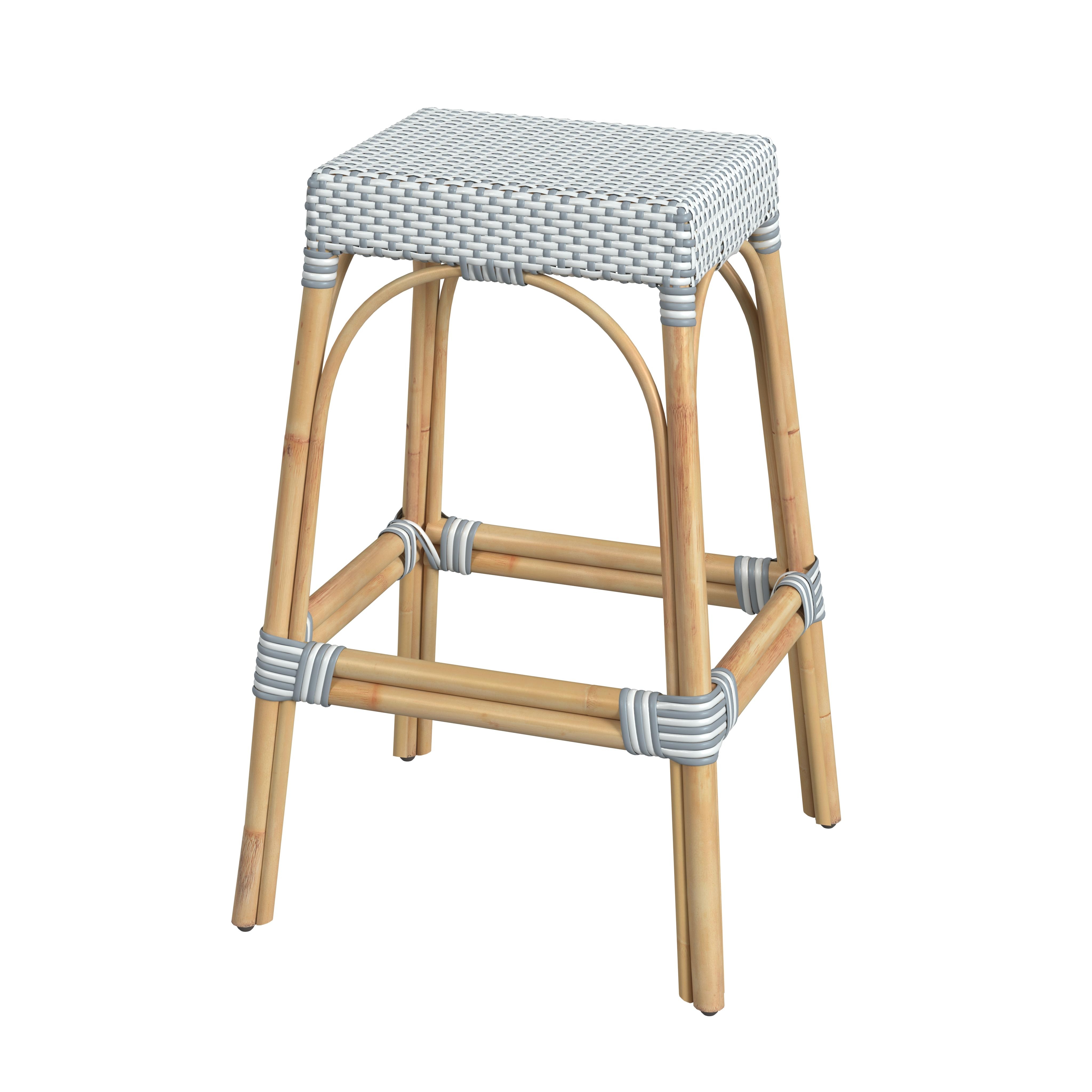 Robias White/Sky Blue Dot / Natural Rattan Frame Barstool - Image 0