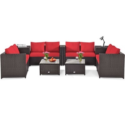Costway 8pcs Outdoor Patio Rattan Furniture Set Cushioned Loveseat Storage Table Red - Image 0