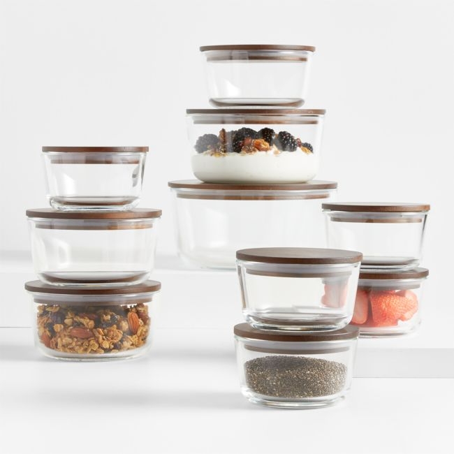 Crate & Barrel 20-Piece Round Glass Food Storage Container Set with Dark Acacia Wood Lids - Image 0
