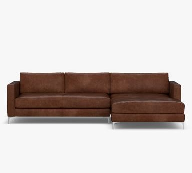 Jake Leather Right Arm Loveseat with Wide Chaise Sectional, Bench Cushion and Brushed Nickel Legs, Down Blend Wrapped Cushions, Vintage Cocoa - Image 1