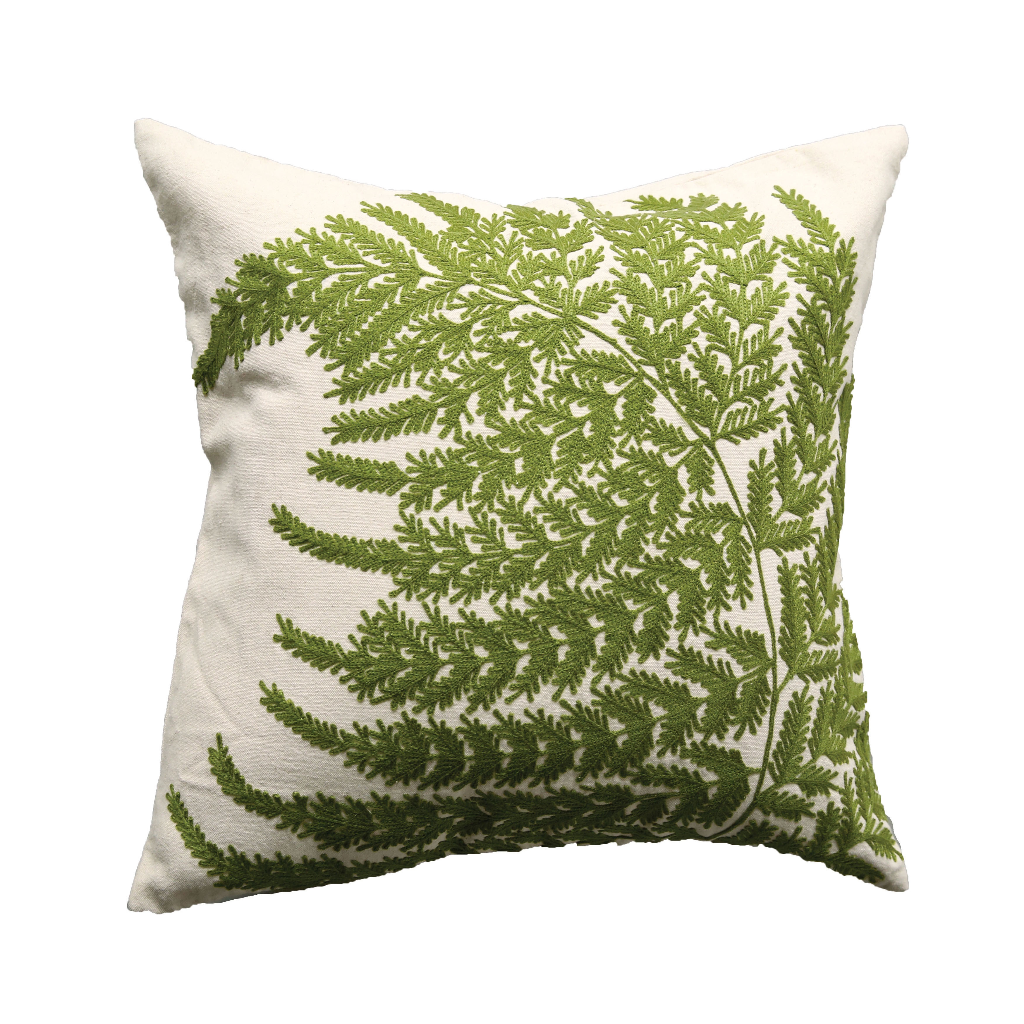 White Square Cotton Pillow with Embroidered Green Ferns - Image 0