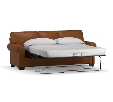 Buchanan Roll Arm Leather Sleeper Sofa, Polyester Wrapped Cushions, Churchfield Chocolate - Image 1