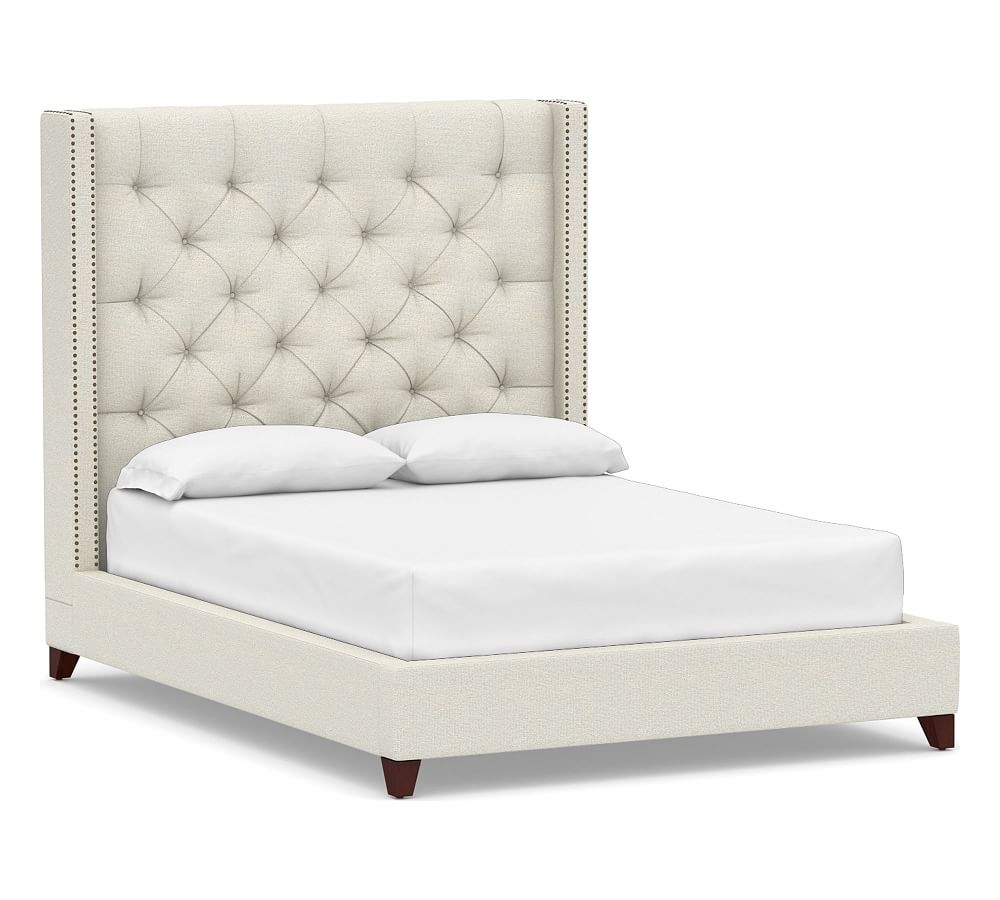 Harper Tufted Upholstered Tall Bed with Bronze Nailheads, Full, Performance Boucle Oatmeal - Image 0