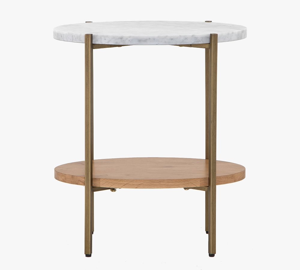 Modern Oval Marble Side Table, Natural Oak & Golden Brass, 20"L - Image 0
